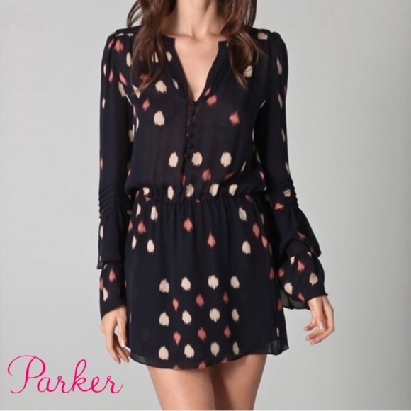 Parker Women's Long Sleeve Bell Sleeve Button Silk Blue Mini Dress size XSmall - Picture 1 of 8